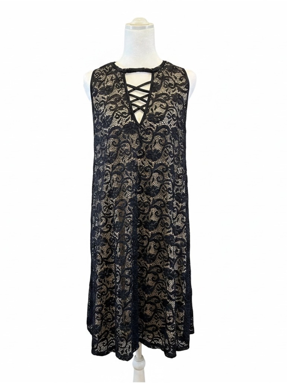 Liberty Love 1X Black Lace Dress Sleeveless Criss Cross Neck Boho Goth Witchy - Picture 4 of 9